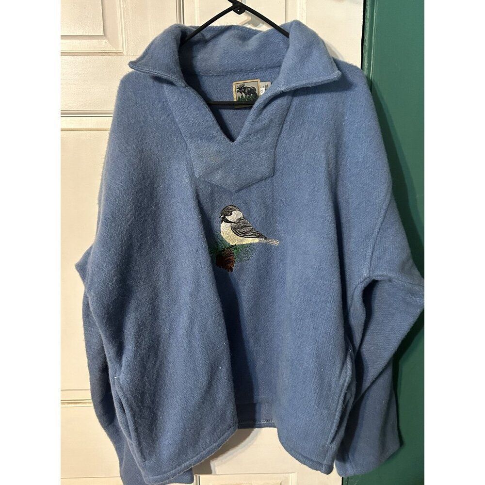 Cabin Fever Blue Fleece Pullover With Bird Embroidery - Cozy & Stylish For Natur